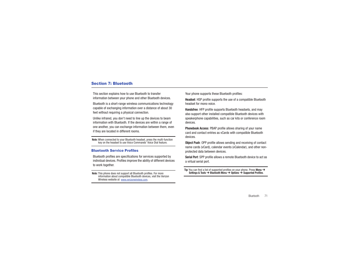 Section 7: bluetooth, Bluetooth service profiles | Samsung Gusto User Manual | Page 76 / 152