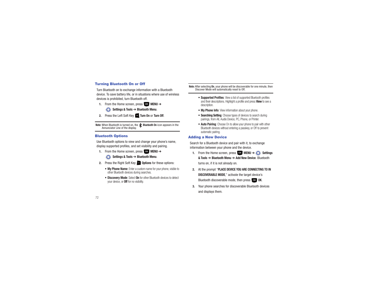 Turning bluetooth on or off, Bluetooth options, Adding a new device | Samsung Gusto User Manual | Page 77 / 152
