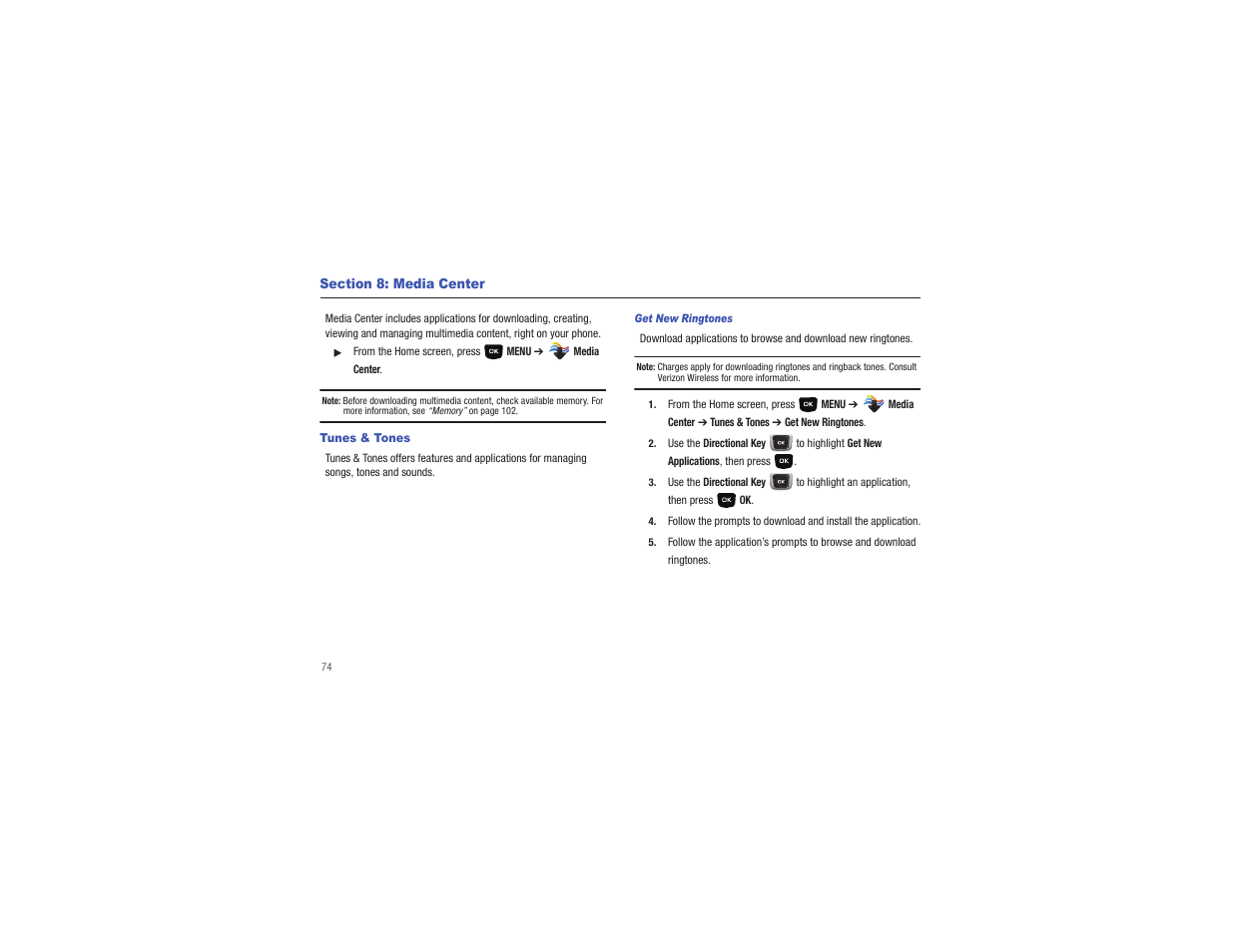 Section 8: media center, Tunes & tones | Samsung Gusto User Manual | Page 79 / 152