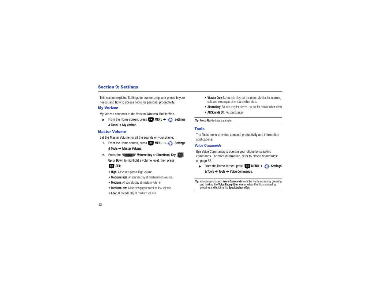 Section 9: settings, My verizon, Master volume | Tools, My verizon master volume tools | Samsung Gusto User Manual | Page 87 / 152