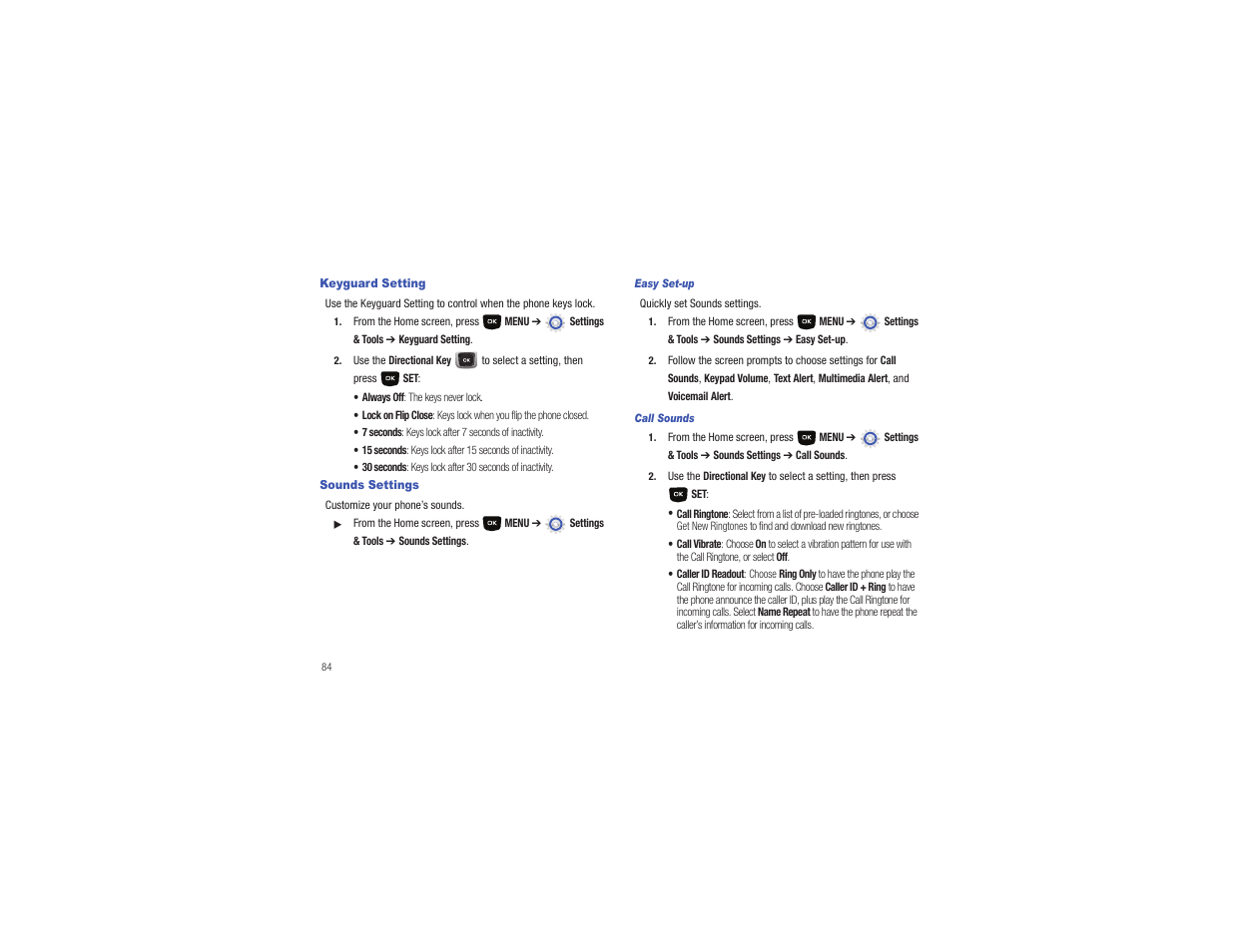 Keyguard setting, Sounds settings, Keyguard setting sounds settings | Samsung Gusto User Manual | Page 89 / 152