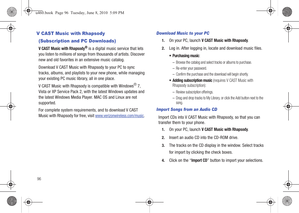 V cast music with rhapsody, N, see | Samsung intensity 2 User Manual | Page 101 / 193