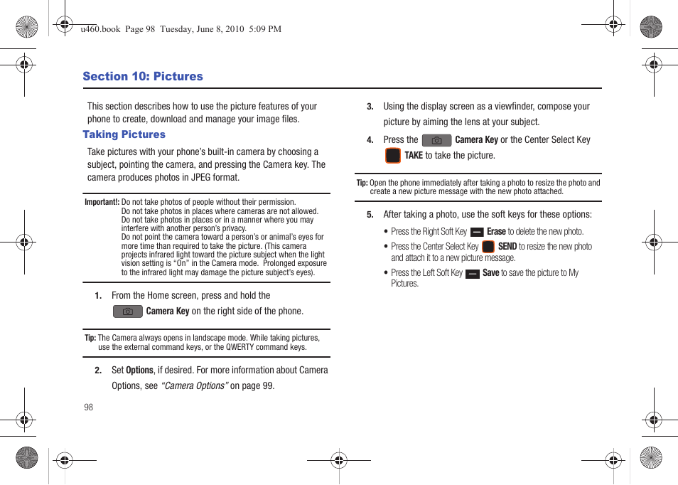 Section 10: pictures, Taking pictures | Samsung intensity 2 User Manual | Page 103 / 193