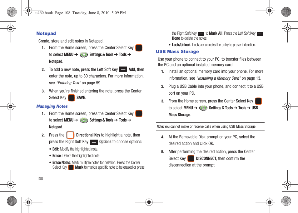 Notepad, Usb mass storage, Notepad usb mass storage | Samsung intensity 2 User Manual | Page 113 / 193