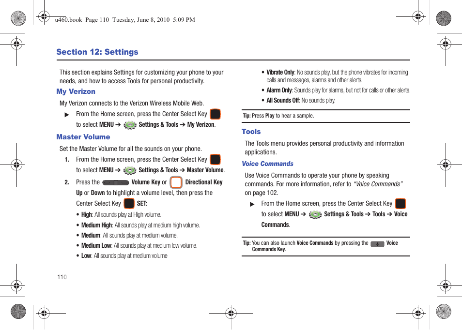 Section 12: settings, My verizon, Master volume | Tools, My verizon master volume tools | Samsung intensity 2 User Manual | Page 115 / 193