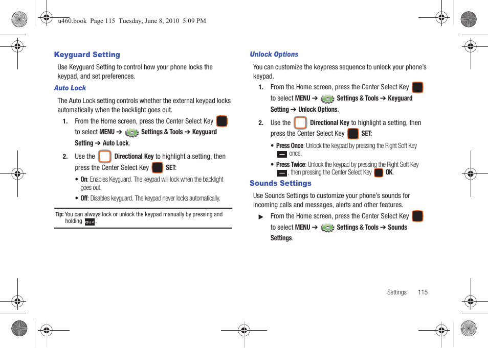 Keyguard setting, Sounds settings, Keyguard setting sounds settings | Samsung intensity 2 User Manual | Page 120 / 193