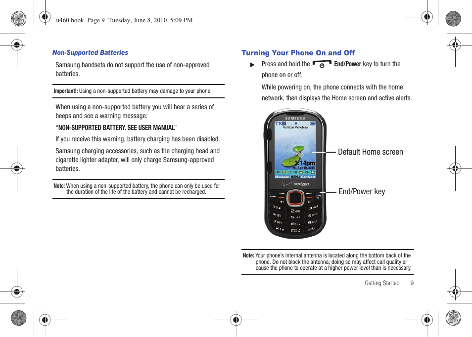 Turning your phone on and off | Samsung intensity 2 User Manual | Page 14 / 193