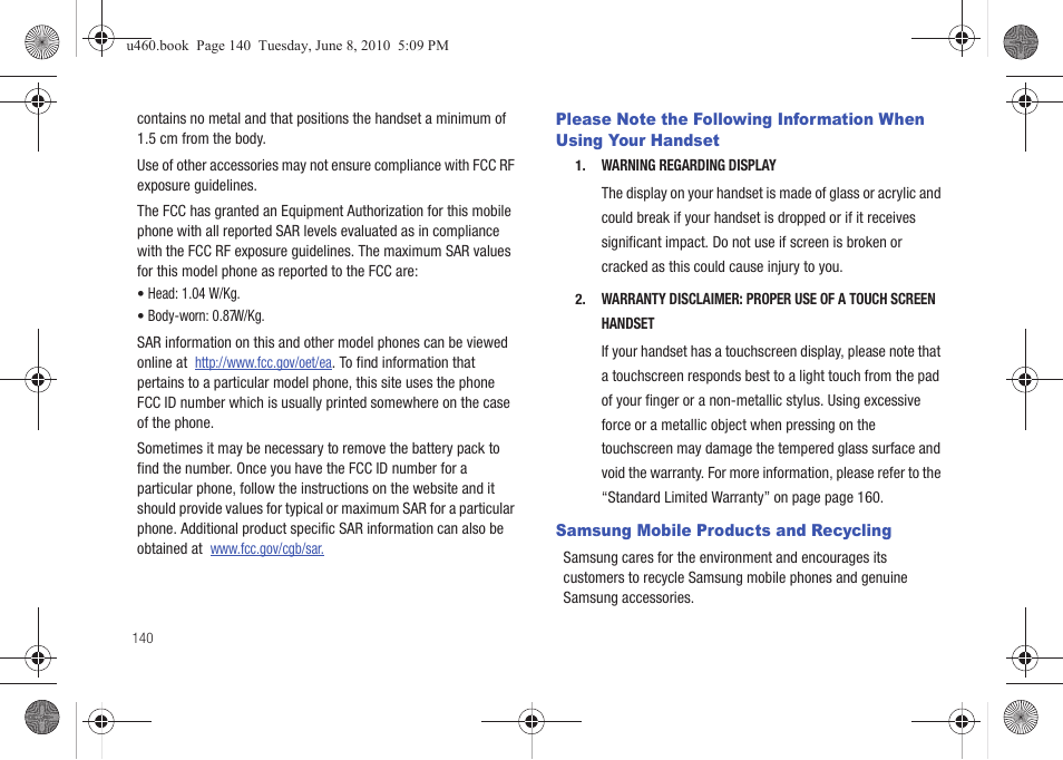 Samsung mobile products and recycling, Please note the following information when, Using your handset | Samsung intensity 2 User Manual | Page 145 / 193