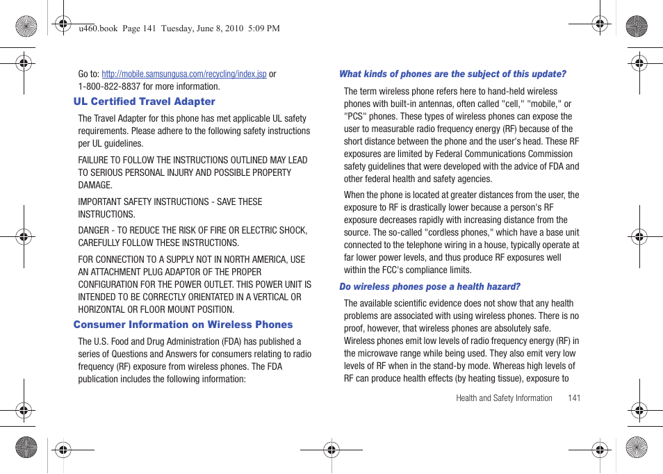 Ul certified travel adapter, Consumer information on wireless phones | Samsung intensity 2 User Manual | Page 146 / 193