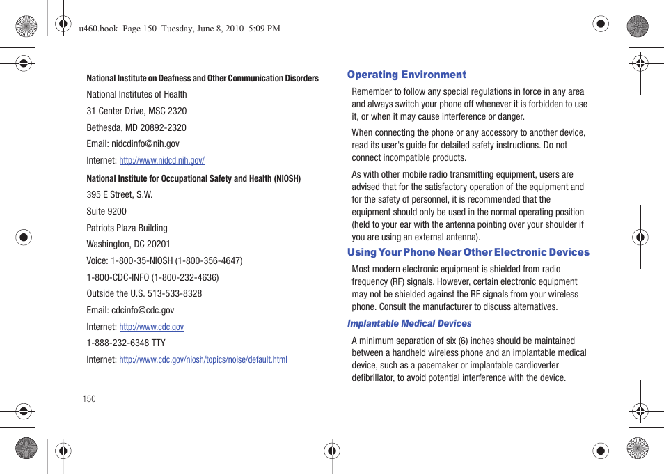 Operating environment, Using your phone near other electronic devices | Samsung intensity 2 User Manual | Page 155 / 193