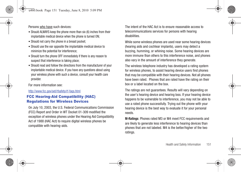 Fcc hearing-aid compatibility (hac) regulations f, Or wireless devices | Samsung intensity 2 User Manual | Page 156 / 193