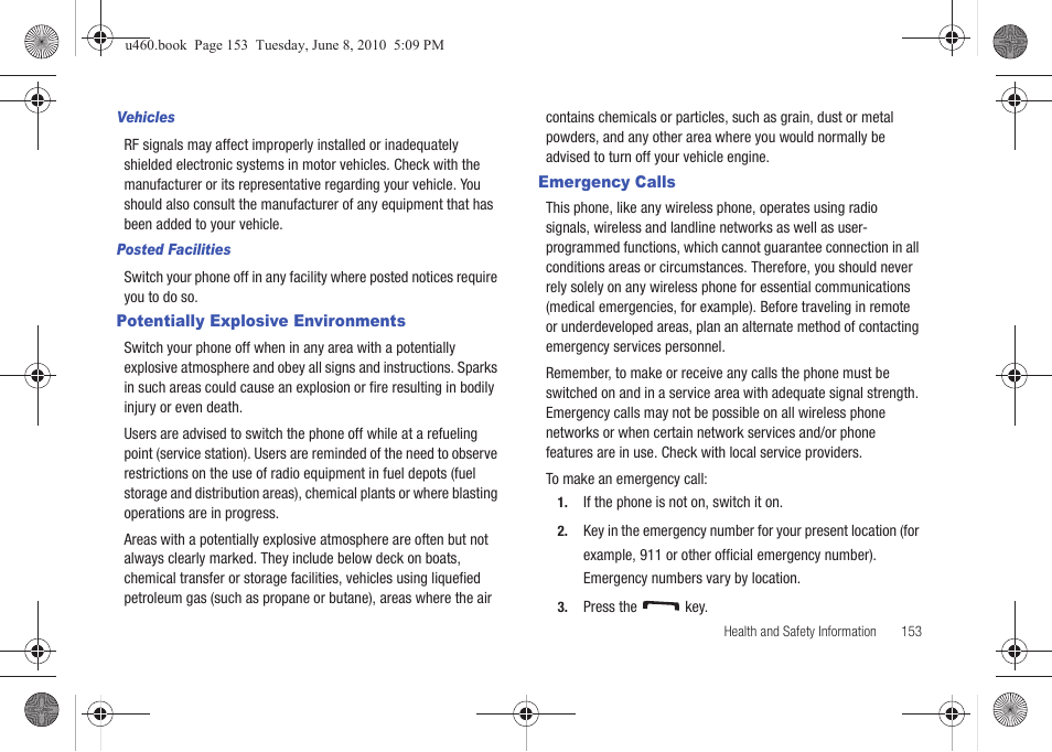 Potentially explosive environments, Emergency calls, Potentially explosive environments emergency calls | Samsung intensity 2 User Manual | Page 158 / 193