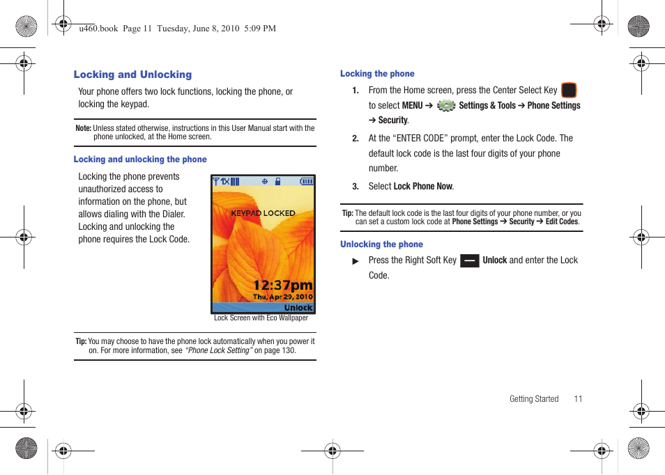 Locking and unlocking | Samsung intensity 2 User Manual | Page 16 / 193