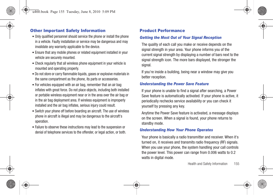 Other important safety information, Product performance | Samsung intensity 2 User Manual | Page 160 / 193