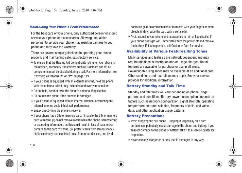 Availability of various features/ring tones, Battery standby and talk time, Battery precautions | Samsung intensity 2 User Manual | Page 161 / 193