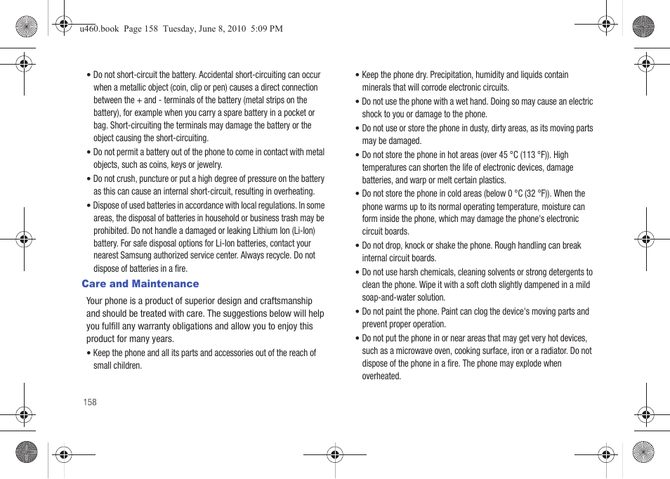 Care and maintenance | Samsung intensity 2 User Manual | Page 163 / 193