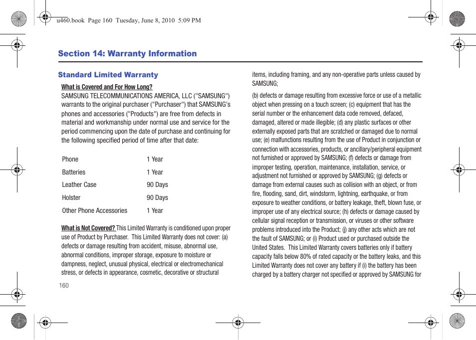 Section 14: warranty information, Standard limited warranty | Samsung intensity 2 User Manual | Page 165 / 193