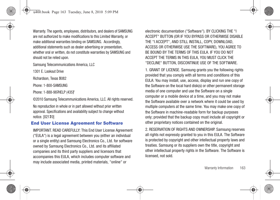 End user license agreement for software | Samsung intensity 2 User Manual | Page 168 / 193