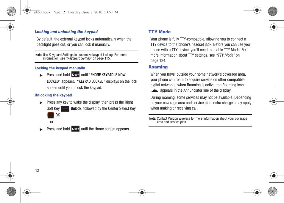 Tty mode, Roaming, Tty mode roaming | Samsung intensity 2 User Manual | Page 17 / 193