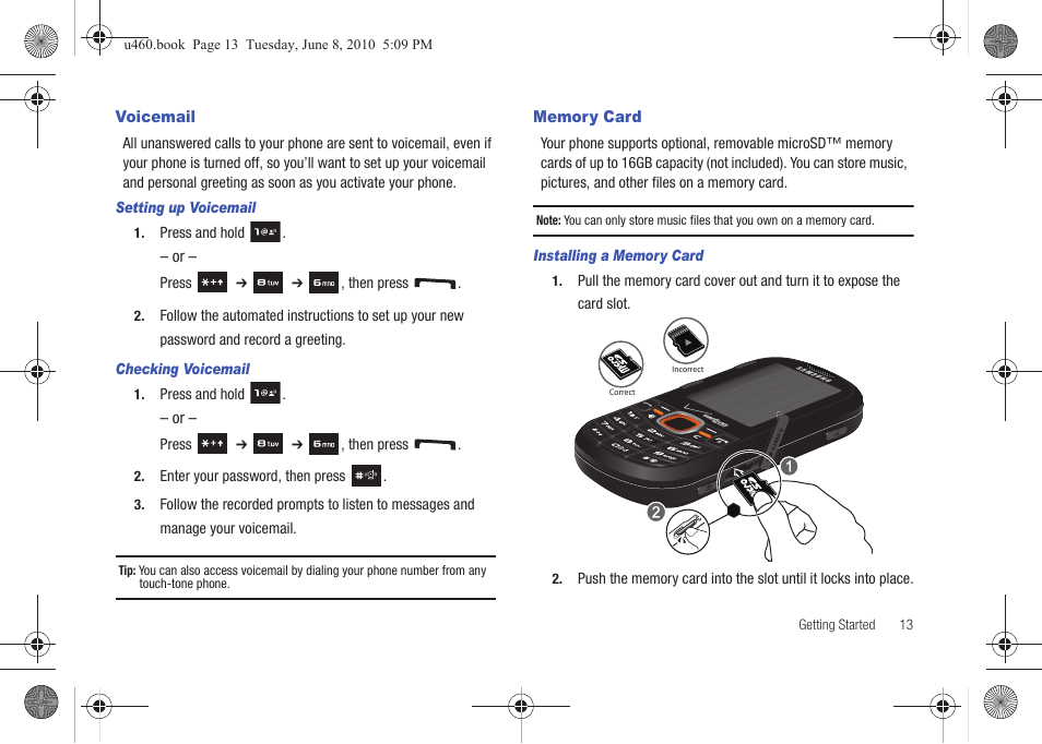 Voicemail, Memory card, Voicemail memory card | Samsung intensity 2 User Manual | Page 18 / 193