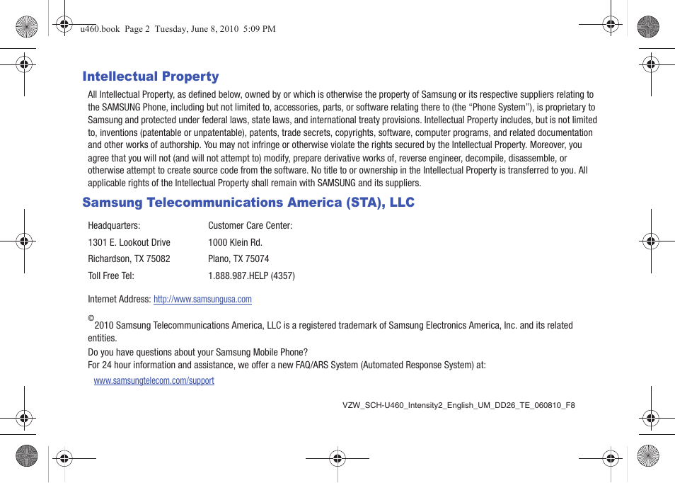 Intellectual property, Samsung telecommunications america (sta), llc | Samsung intensity 2 User Manual | Page 3 / 193