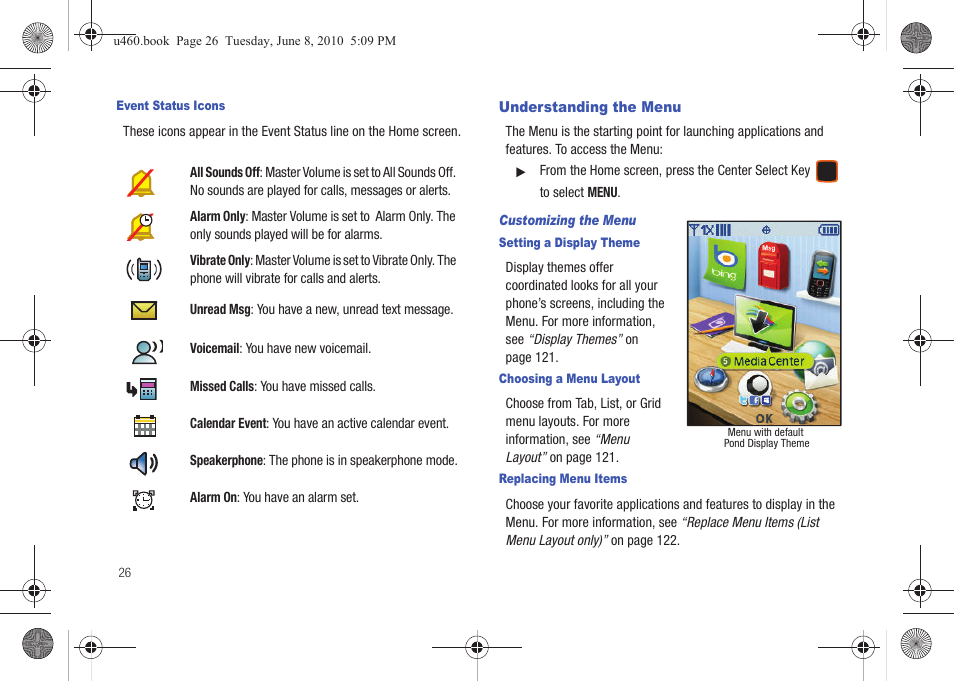 Understanding the menu, Ns, see “event | Samsung intensity 2 User Manual | Page 31 / 193