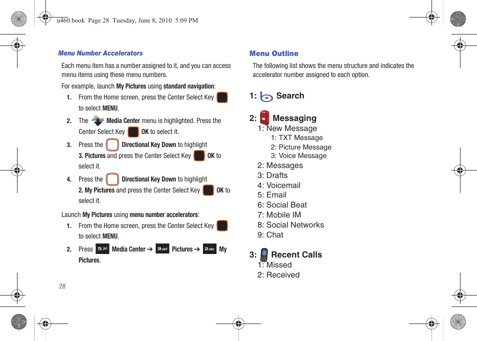 Menu outline | Samsung intensity 2 User Manual | Page 33 / 193