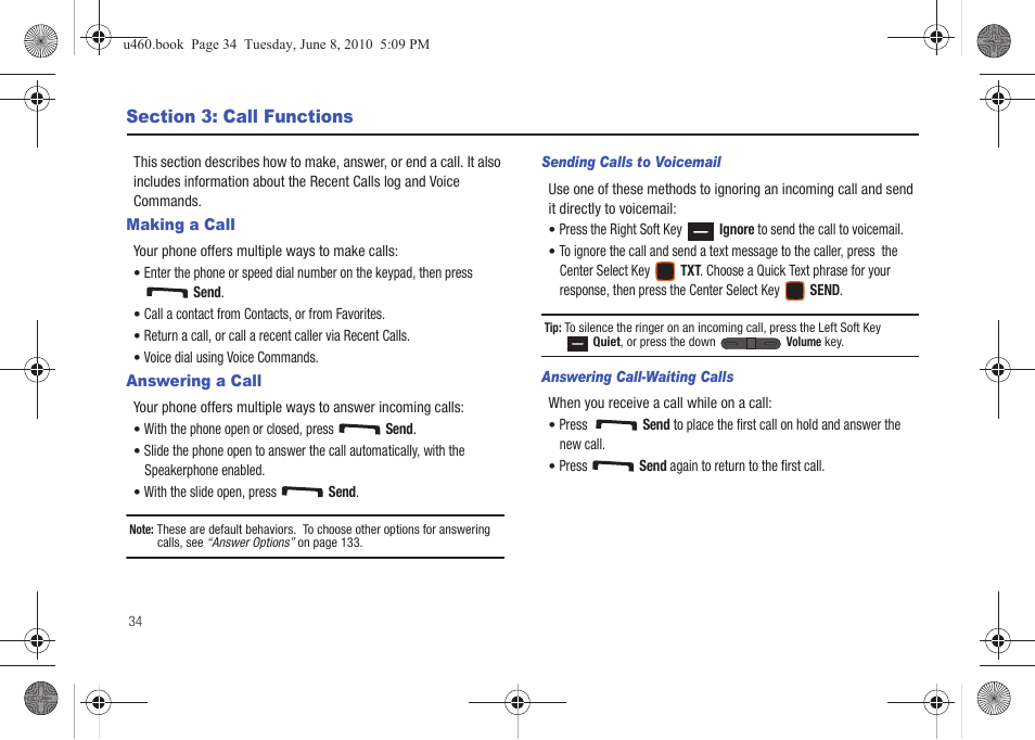 Section 3: call functions, Making a call, Answering a call | Making a call answering a call | Samsung intensity 2 User Manual | Page 39 / 193