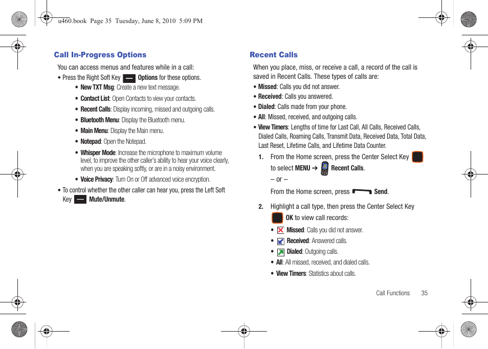 Call in-progress options, Recent calls, Call in-progress options recent calls | Samsung intensity 2 User Manual | Page 40 / 193