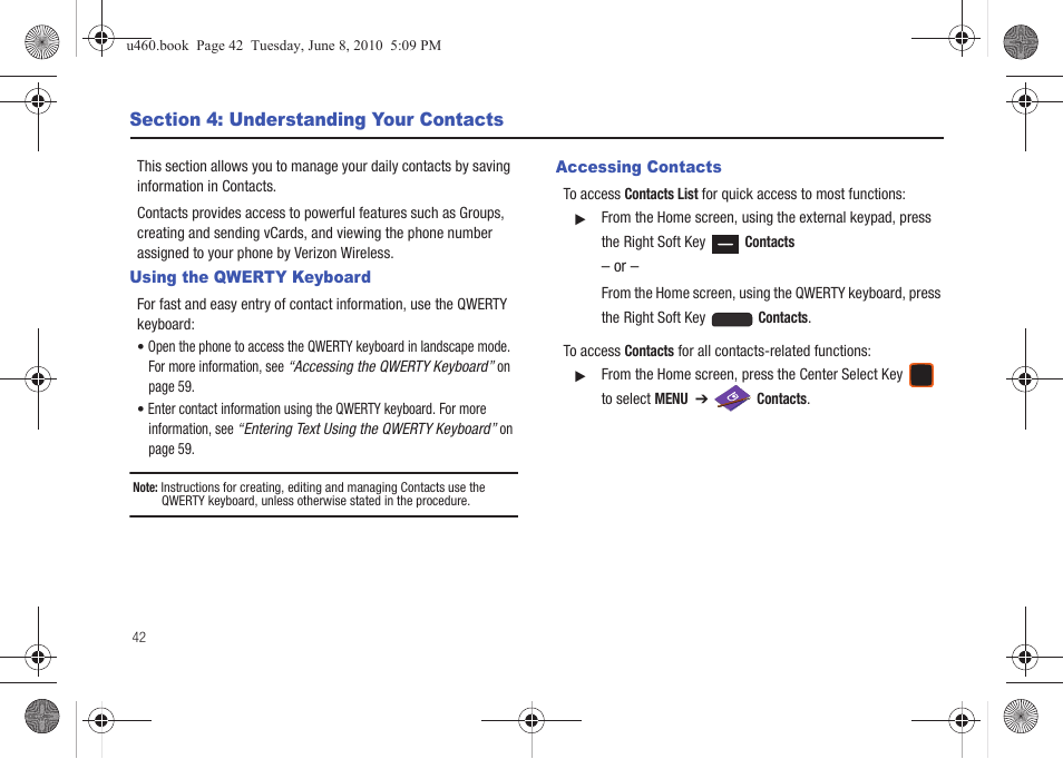 Section 4: understanding your contacts, Using the qwerty keyboard, Accessing contacts | Using the qwerty keyboard accessing contacts | Samsung intensity 2 User Manual | Page 47 / 193