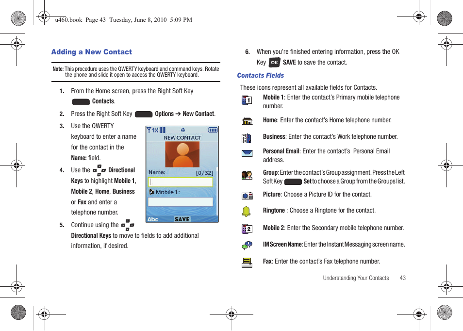 Adding a new contact | Samsung intensity 2 User Manual | Page 48 / 193