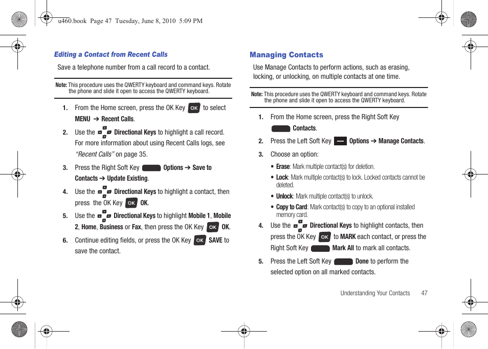 Managing contacts | Samsung intensity 2 User Manual | Page 52 / 193