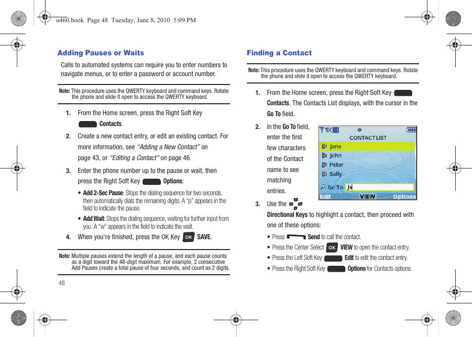 Adding pauses or waits, Finding a contact, Adding pauses or waits finding a contact | Samsung intensity 2 User Manual | Page 53 / 193