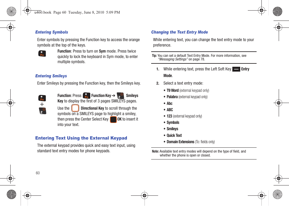 Entering text using the external keypad | Samsung intensity 2 User Manual | Page 65 / 193