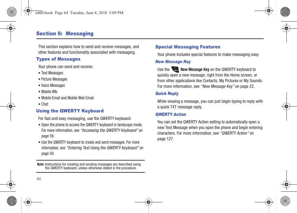 Section 6: messaging, Types of messages, Using the qwerty keyboard | Special messaging features | Samsung intensity 2 User Manual | Page 69 / 193