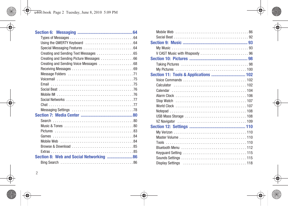 Section 6: messaging 64, Section 7: media center 80, Section 8: web and social networking 86 | Section 9: music 93, Section 10: pictures 98, Section 11: tools & applications 102, Section 12: settings 110 | Samsung intensity 2 User Manual | Page 7 / 193