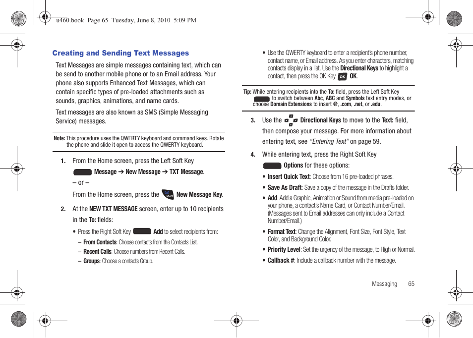 Creating and sending text messages, Ion, see “creating | Samsung intensity 2 User Manual | Page 70 / 193