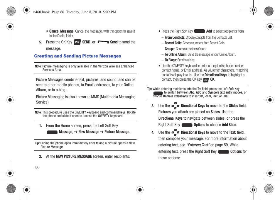 Creating and sending picture messages, Creating and | Samsung intensity 2 User Manual | Page 71 / 193