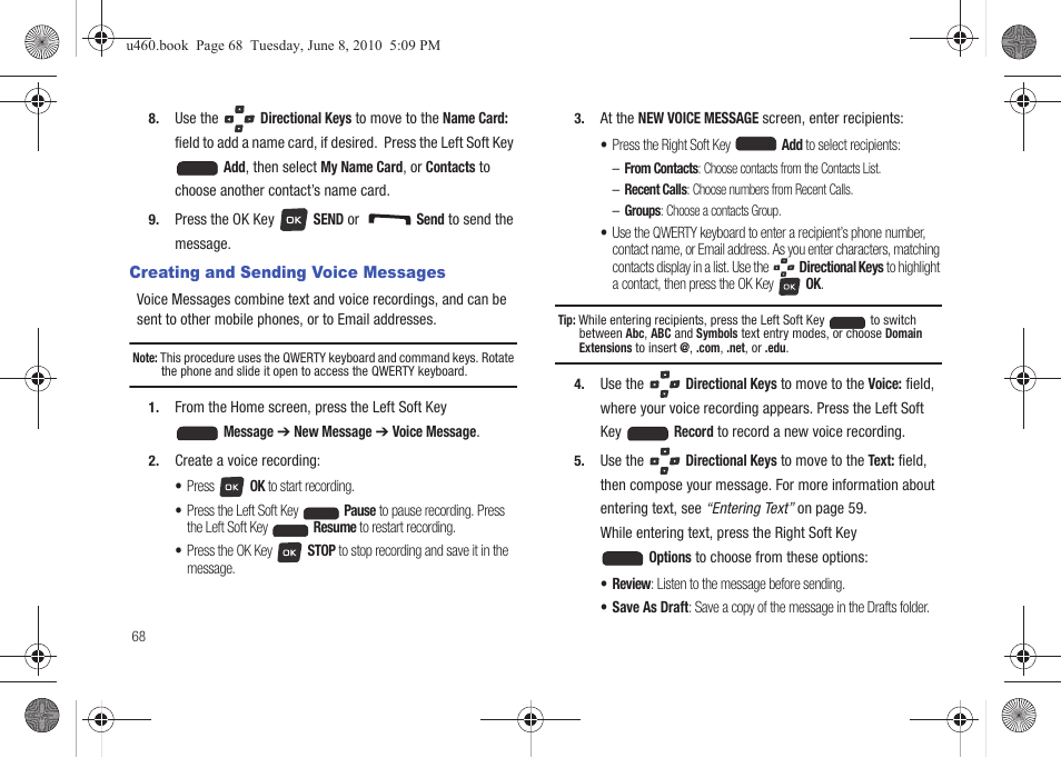 Creating and sending voice messages, Creating and | Samsung intensity 2 User Manual | Page 73 / 193