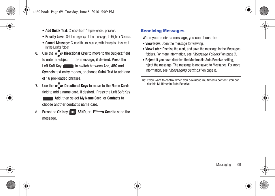 Receiving messages | Samsung intensity 2 User Manual | Page 74 / 193