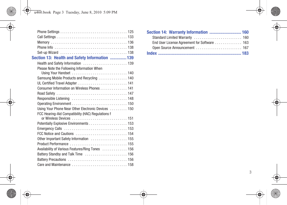 Section 13: health and safety information 139, Section 14: warranty information 160 | Samsung intensity 2 User Manual | Page 8 / 193