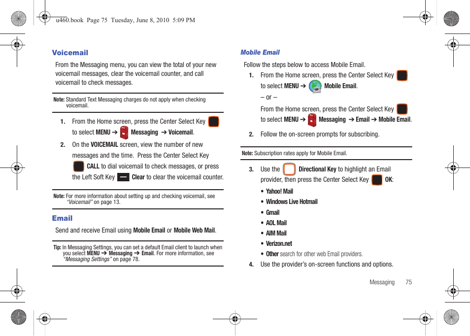 Voicemail, Email, Voicemail email | Samsung intensity 2 User Manual | Page 80 / 193