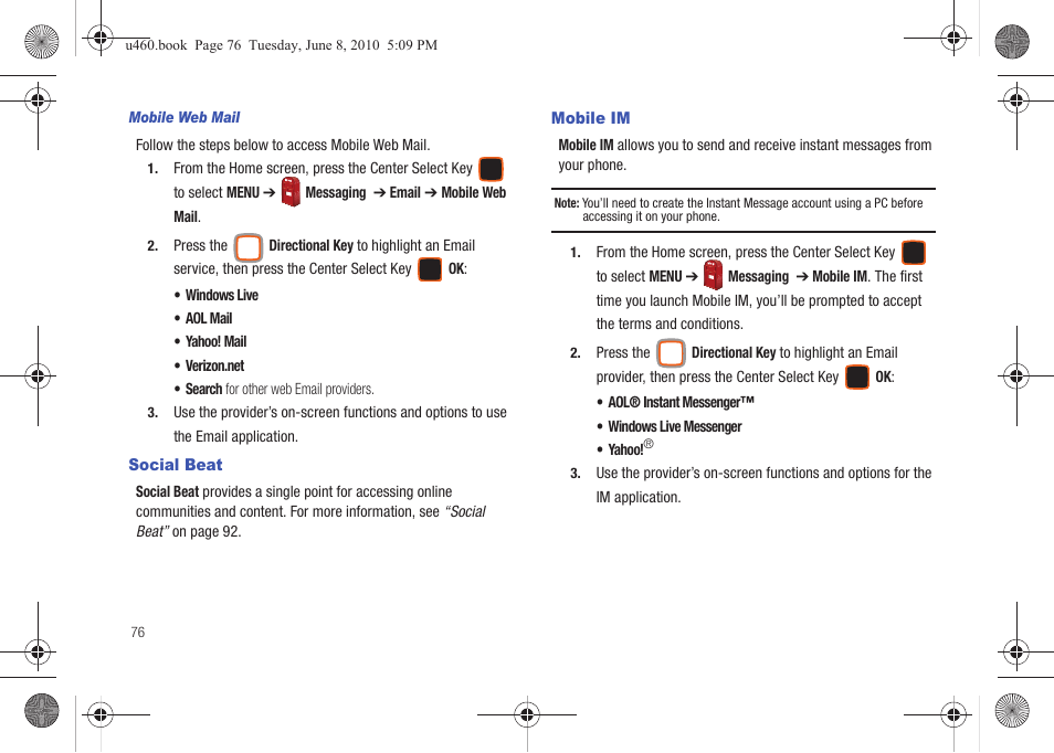 Social beat, Mobile im, Social beat mobile im | Samsung intensity 2 User Manual | Page 81 / 193