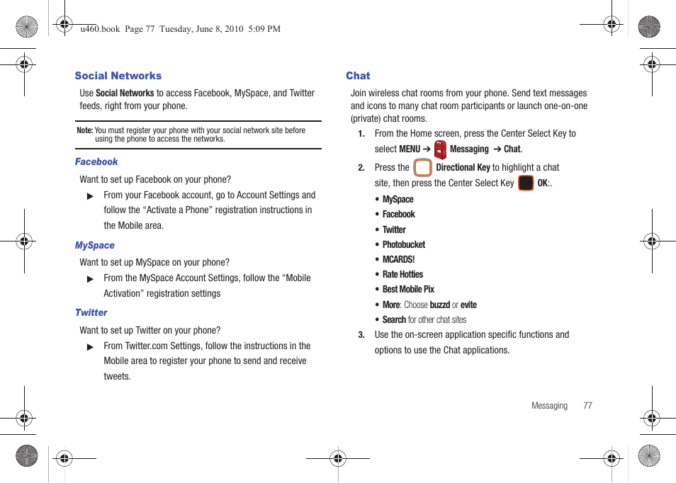 Social networks, Chat, Social networks chat | Samsung intensity 2 User Manual | Page 82 / 193