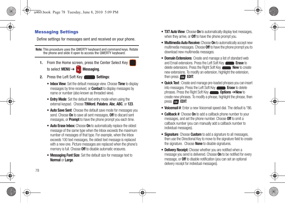 Messaging settings, Ion, see | Samsung intensity 2 User Manual | Page 83 / 193