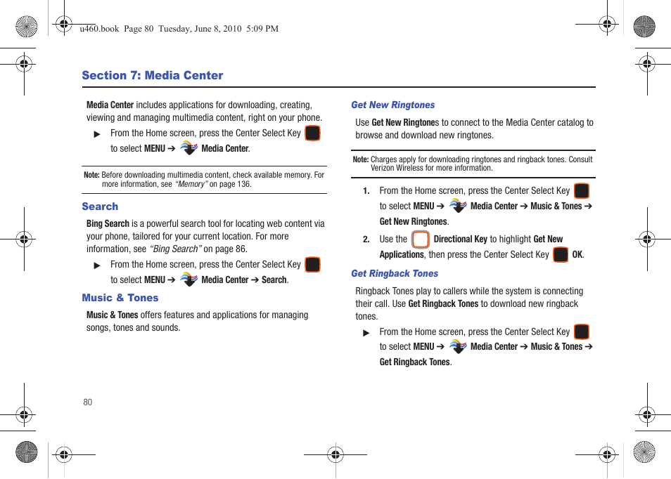 Section 7: media center, Search, Music & tones | Search music & tones | Samsung intensity 2 User Manual | Page 85 / 193