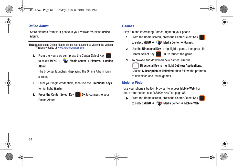 Games, Mobile web, Games mobile web | Samsung intensity 2 User Manual | Page 89 / 193