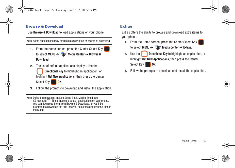 Browse & download, Extras, Browse & download extras | Samsung intensity 2 User Manual | Page 90 / 193