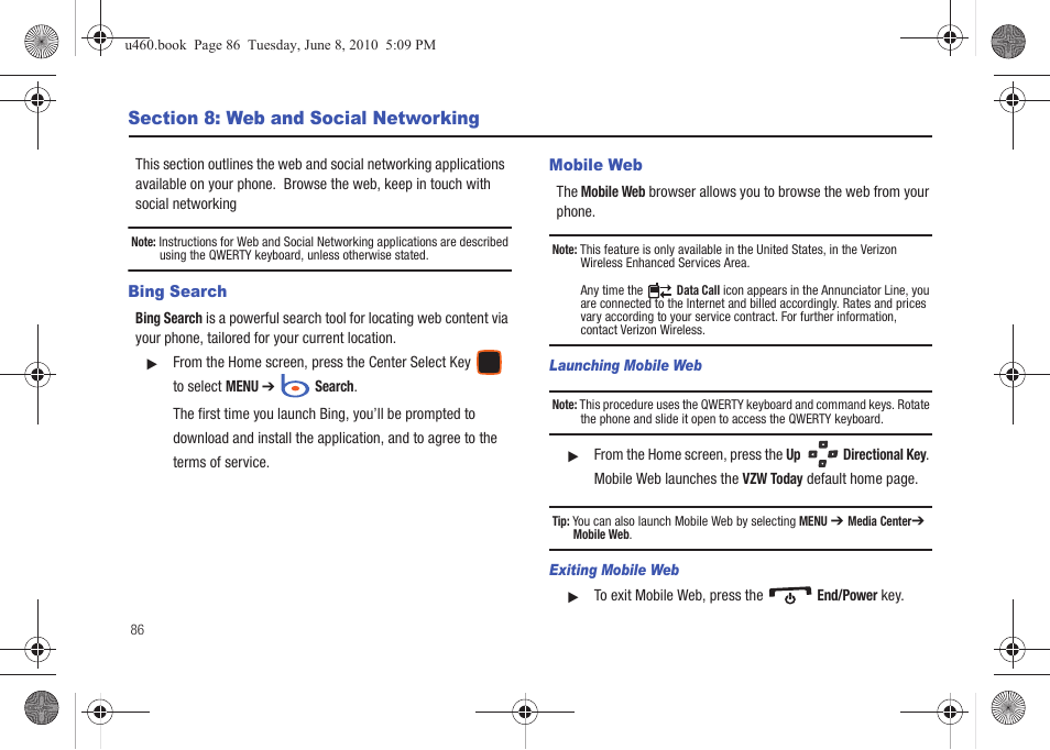 Section 8: web and social networking, Bing search, Mobile web | Samsung intensity 2 User Manual | Page 91 / 193