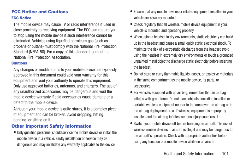 Fcc notice and cautions, Other important safety information | Samsung t139 User Manual | Page 105 / 119
